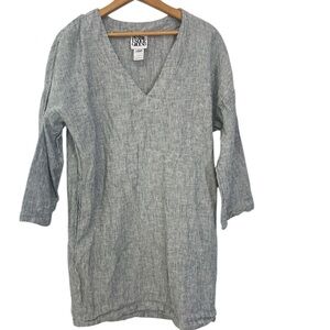 Prairie Underground Women’s XS Gray White Striped Hemp Cotton Dress Tunic V Neck